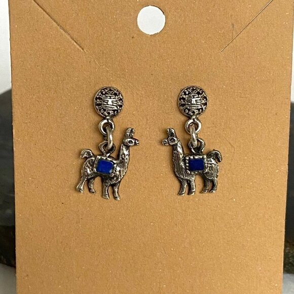 Sterling Silver 925 Southwest Style Llama Alpaca Lapis Dangle Drop Earrings - Picture 11 of 16